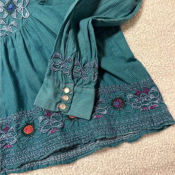 Johnny Was 3 J Workshop Blue Embroidered Prairie Western Shirt Blouse - Picture 9 of 11